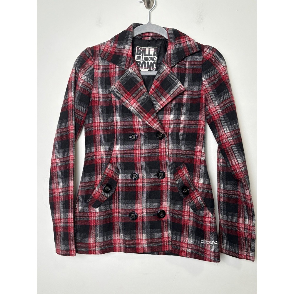 Billabong Womens Plaid Pea Coat Jacket Small Wool Blend Double Breasted Y2K Logo